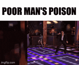 a man is dancing on a dance floor with the words poor man 's poison above him .