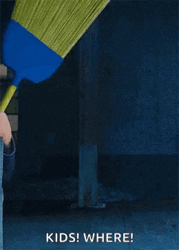 a boy from big hero 6 is holding a broom in his hands and says `` kids ! where ! ''