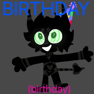 a black monster with green eyes and a birthday hat on
