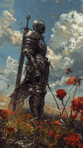 a knight with a sword is standing in a field of flowers .
