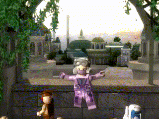 a cartoon character in a purple outfit is standing in front of a building