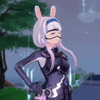a girl with bunny ears is wearing a futuristic costume