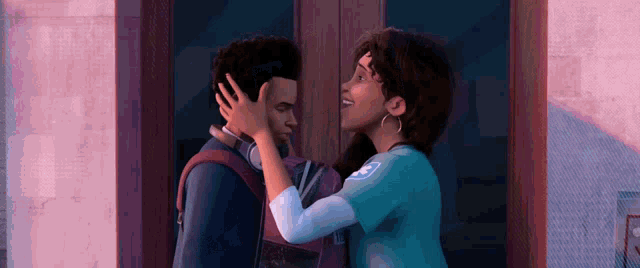 a man and a woman are hugging each other in front of a door in a cartoon .