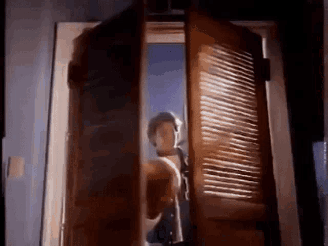 a person is standing in a doorway with shutters open .
