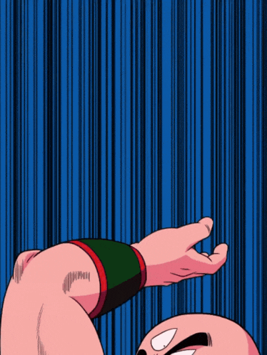 a cartoon character 's arm is shown against a blue striped background