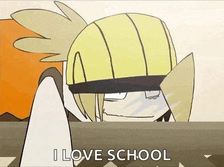 a cartoon character is saying `` i love school '' while wearing a yellow helmet .
