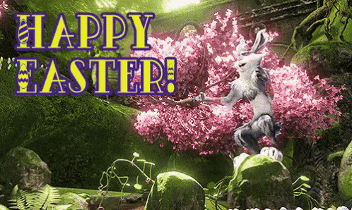 a happy easter greeting card with a rabbit holding a stick
