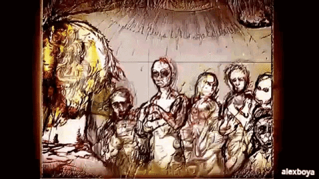 a drawing of a group of people standing next to each other with alexboya written in the corner