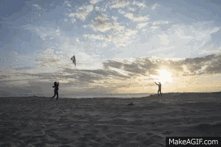 two people are flying kites on a beach and the website makeagif.com is visible