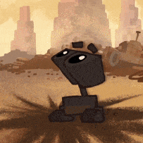 a cartoon drawing of a robot in a desert with buildings in the background