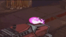 a robot with purple flames coming out of it 's mouth .