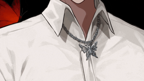 a man wearing a white shirt and a necklace with a butterfly on it