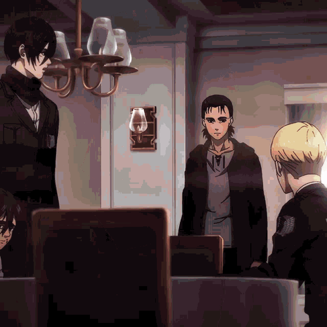 a group of anime characters are gathered in a room
