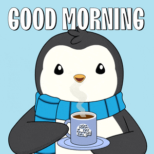 a penguin wearing a scarf is holding a cup of coffee with the words good morning written above it