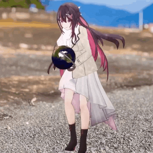 a girl in a white dress holds a globe in her hand
