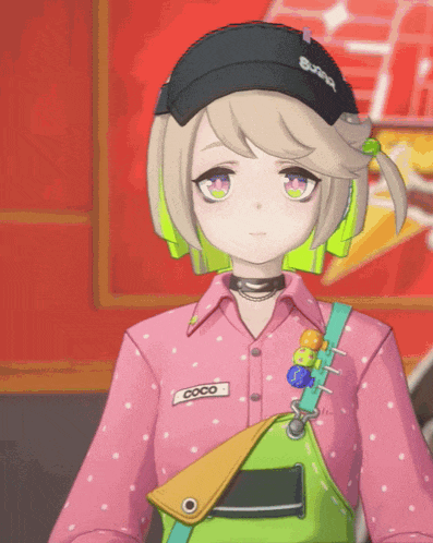 a girl wearing headphones and a pink shirt has a name tag that says coco