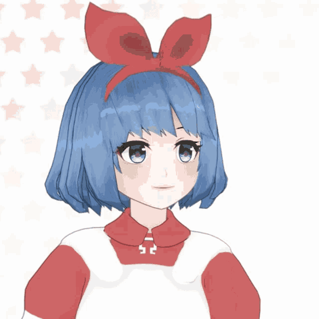 a girl with blue hair is wearing a red headband