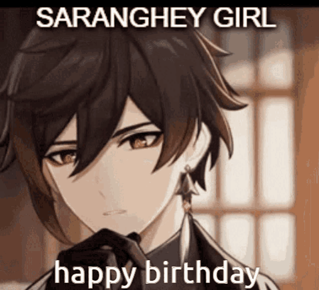 a picture of a boy in a suit and tie with the words `` saranghey girl happy birthday '' written on it .