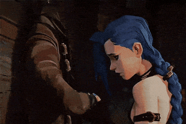 a woman with blue hair is leaning against a man 's arm