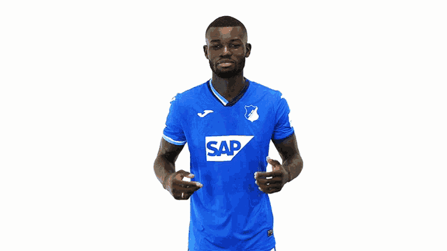 a man is wearing a blue shirt with the word sap on it