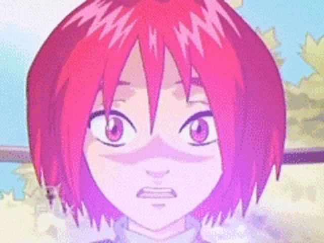 a close up of a cartoon character with pink hair