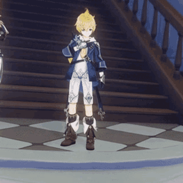 a cartoon character is standing on a checkered floor in front of a set of stairs
