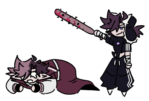 a cartoon drawing of a person holding a bat and another person laying on the ground