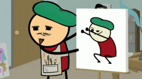 a cartoon character with a green hat is holding a canvas with a drawing of a man on it .