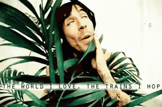 a man with a tattoo on his arm is surrounded by palm leaves and says the world i love the trains i hop
