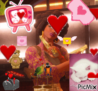 a woman with a heart on her face is surrounded by hearts and a picture of a cat with a heart on it