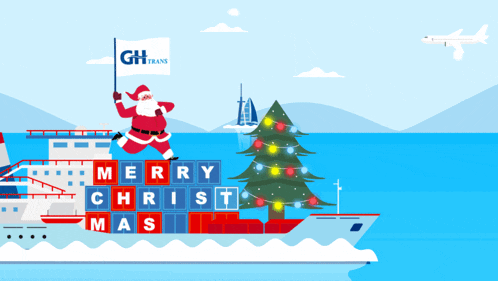 an illustration of santa holding a flag that says gh trans