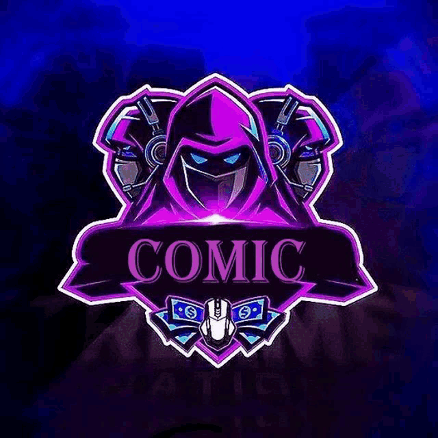 a purple logo with a hooded figure and headphones on a blue background for comic .
