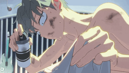 a drawing of a shirtless anime character with a wristband that says ' i ' on it