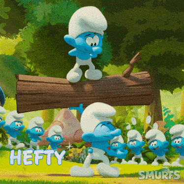 a smurf carrying a log with the word hefty written on it