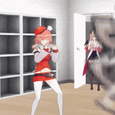 a girl with pink hair is standing in a room