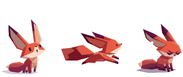 three low poly foxes are shown in different positions on a white background