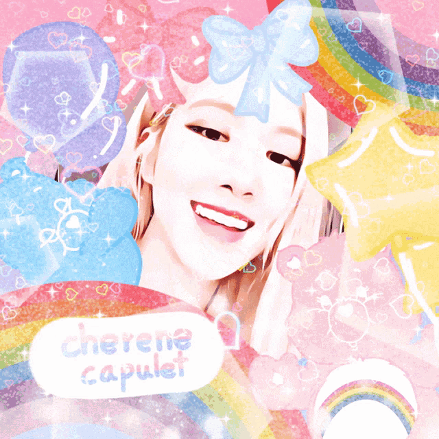 cherene capsulet is written on a pink background with balloons