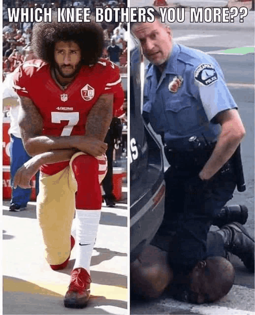 a picture of a football player kneeling down next to a police officer with the caption which knee bothers you more