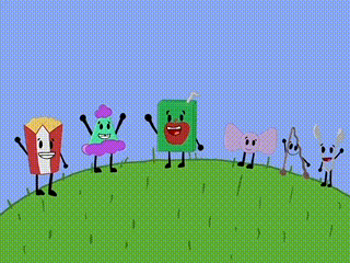 a group of cartoon characters standing on top of a green hill .