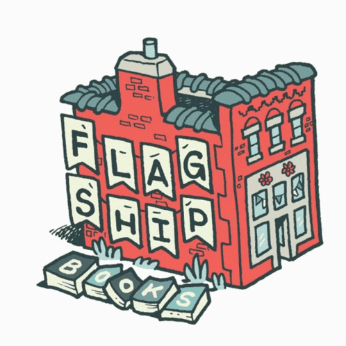 a cartoon drawing of a building that says flag ship books