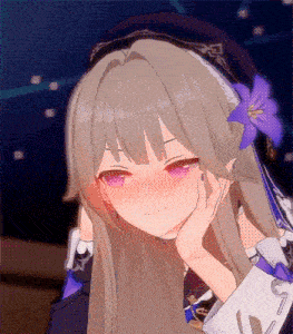 a close up of a anime girl with purple eyes and a purple flower in her hair