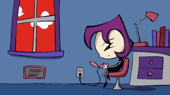 a cartoon of a girl sitting at a desk with a phone