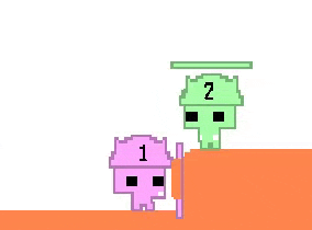 a pixel art drawing of a purple and green skeleton with the number 1 and 2 on their heads .