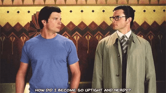 two men are standing next to each other and one of them is asking how did i become so uptight and nerdy