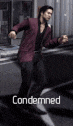 a man in a red suit is dancing in front of a car with the word condemned on the bottom of the image .