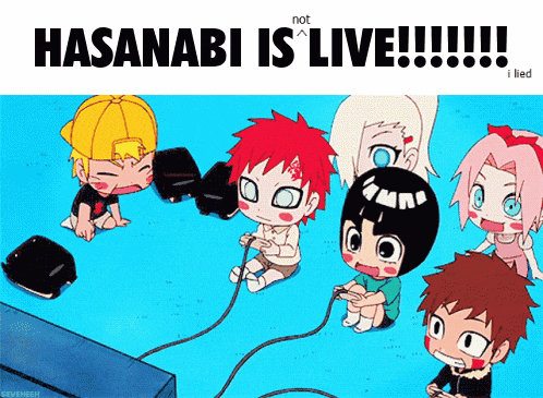 a group of anime characters are playing a video game with the caption " hasanabi is live !!! "