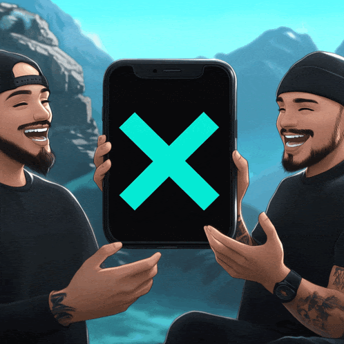 two men are holding up a cell phone with a cross on it