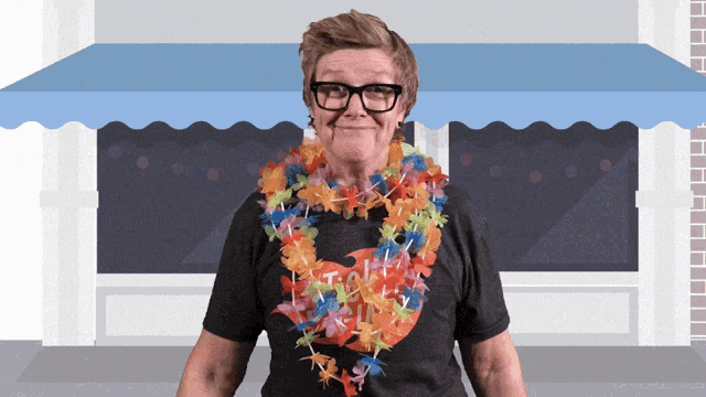 a man wearing a lei and a t-shirt that says " i love you "