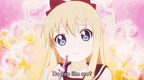 a girl with blonde hair is holding a pen and asking do you like me