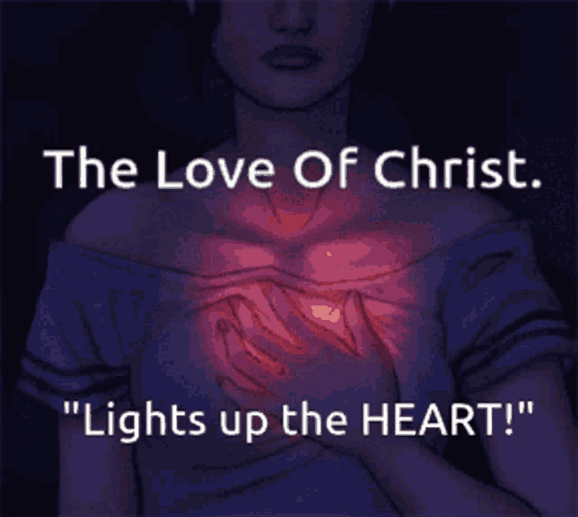 a picture of a woman with the words " the love of christ lights up the heart " above her